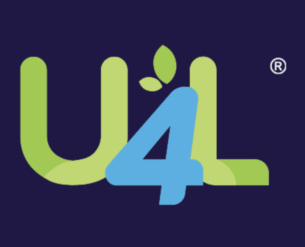 The image features the U4L Limited logo in bold, rounded letters. The "U" and "L" are green with leaves sprouting from the "L," symbolizing their B Corp commitment. The "4" is blue against a dark blue backdrop, with a registered trademark symbol in the top right corner.