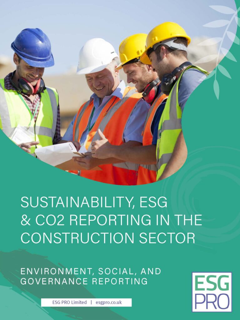 Four construction professionals in hard hats and safety vests review blueprints on a construction site. Below them, a text overlay reads: "Sustainability, ESG & CO2 Reporting in the Construction Sector. Environment, Social, and Governance Reporting. Access software downloads for efficient reporting.