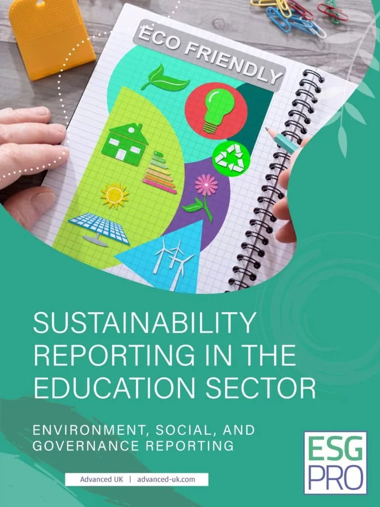 A person holds a notebook with eco-friendly illustrations like wind turbines, solar panels, and green leaves. The text on the notebook reads "ECO FRIENDLY." The background text states "SUSTAINABILITY REPORTING IN THE EDUCATION SECTOR" and "ESG PRO," highlighting downloadable resources for in-depth knowledge.