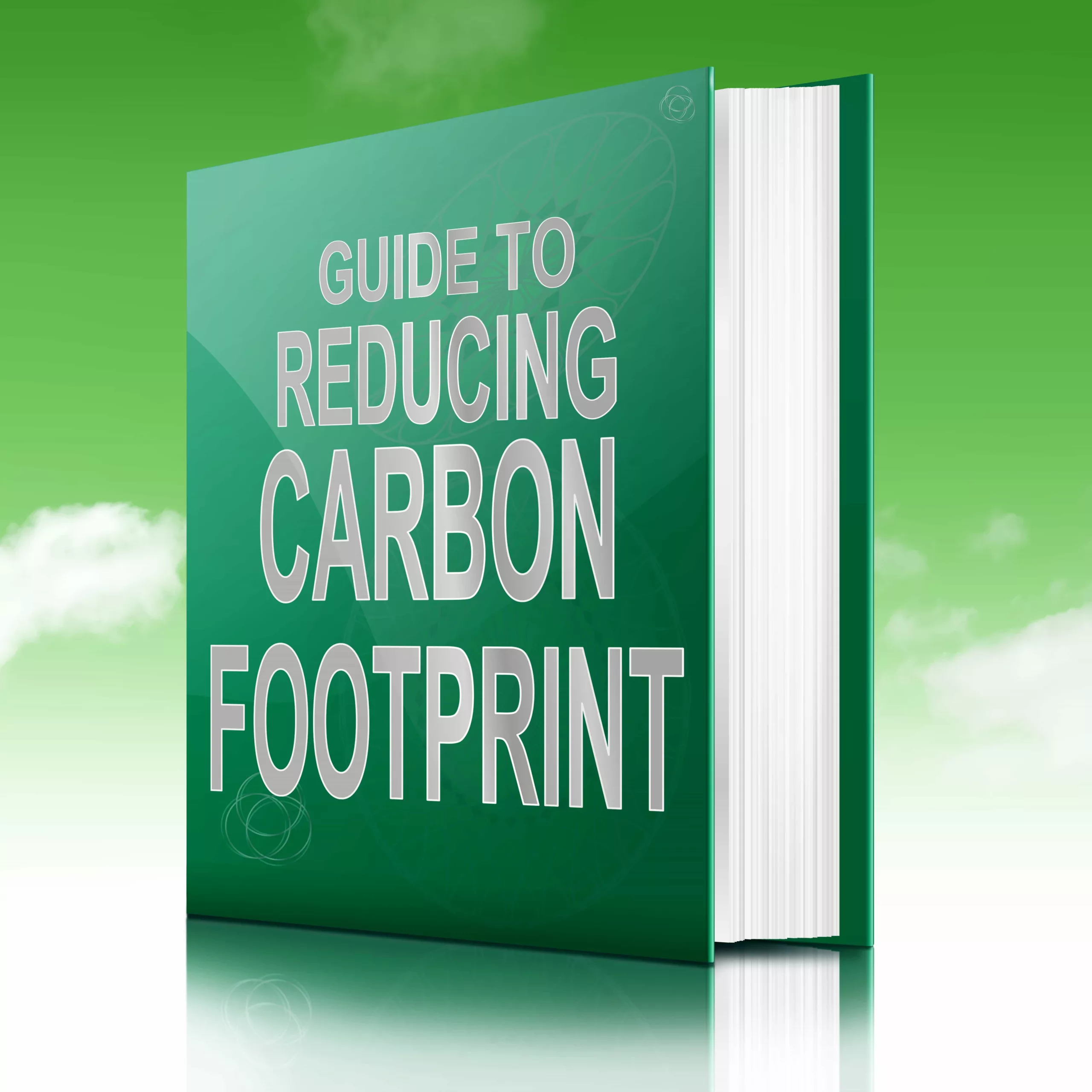 A green hardback book titled "Guide to Reducing Carbon Footprint" stands upright against a green background with clouds, offering a comprehensive guide to Life Cycle Assessments for sustainable living.