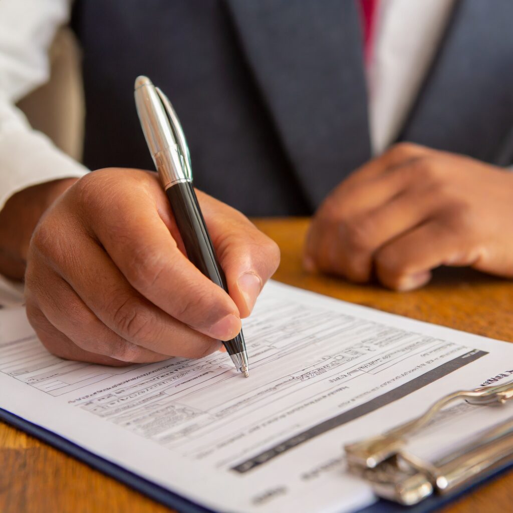 A person in a business suit is signing a high-stakes document on a clipboard with a black pen. The form, critical for the charity's transparent operations, is the focus as their hand firmly grips the pen.