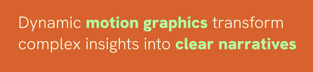 Text on an orange background: "Dynamic motion graphics transform complex data into clear narratives." The words "motion graphics" and "clear narratives" are highlighted in light green.