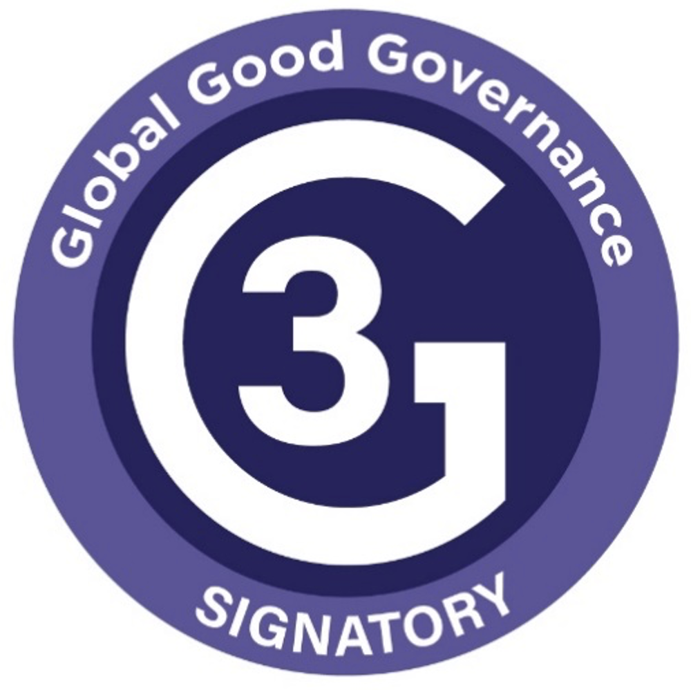 Logo with a purple circle featuring a large white "G3" in the center. Around the circle's edge are the words "Global Good Governance" at the top and "Signatory" at the bottom, embodying principles of ESG commitment.