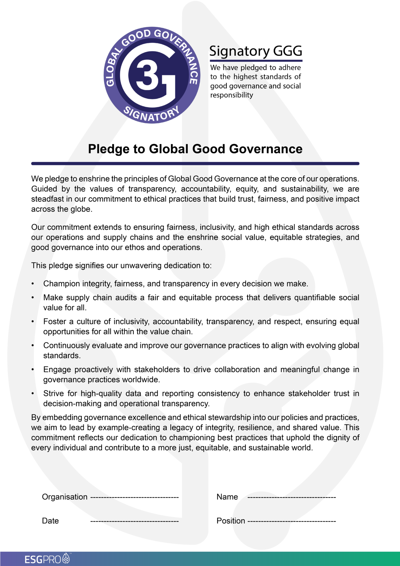 A document titled "Pledge to Global Good Governance" features a circular logo with "GLOBAL GOOD GOVERNANCE" and the number 3. It examines ethical standards, fairness, inclusivity, and sustainability in business operations.