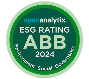 HOME PAGE 21 A circular badge with green tones displaying "apexanalytix. ESG RATING ABB 2024" and the words "Environment Social Governance" around the edge.