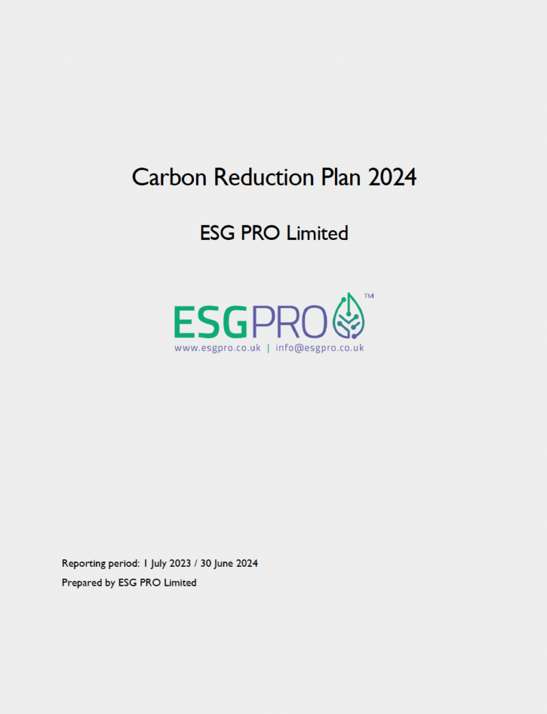 Cover page titled "Carbon Reduction Plan 2024" for ESG PRO Limited, featuring the company logo, website, email, and PPN 06/21 reporting period from July 2023 to June 2024. Prepared by ESG PRO Limited.