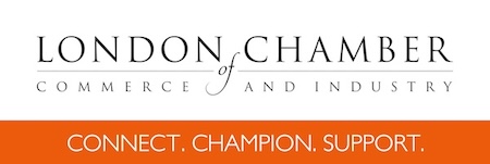 London Chamber of Commerce and Industry logo with the words "CONNECT. CHAMPION. SUPPORT." written in white on an orange background below the main text.