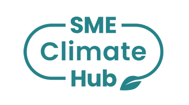 HOME PAGE 20 The SME Climate Hub logo features the words "SME Climate Hub" in teal text, surrounded by a rounded rectangular outline with a leaf graphic at the lower right corner.