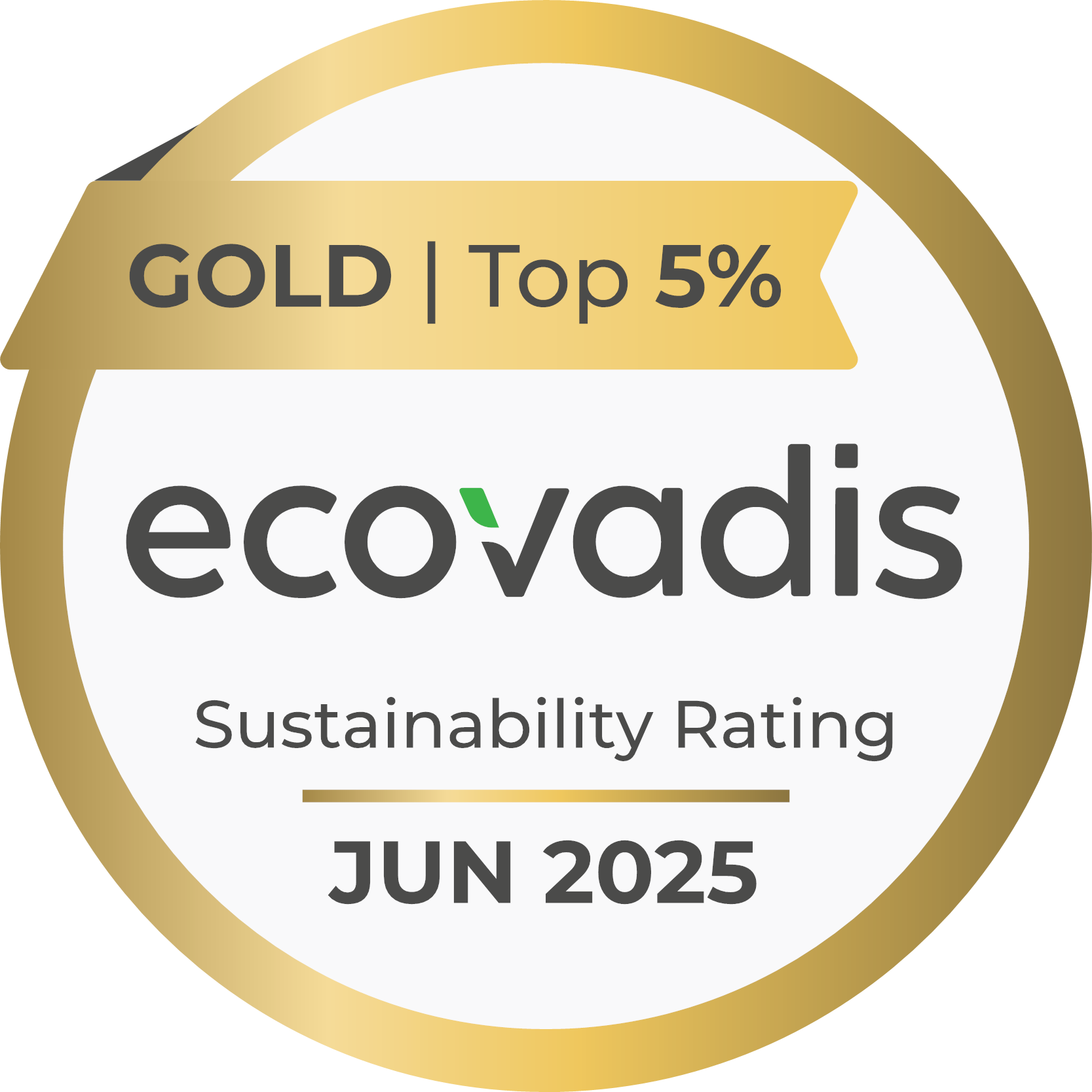 HOME PAGE 15 A gold circular badge reads "GOLD | Top 5%," "ecovadis Sustainability Rating," and "JUN 2025," indicating a gold-level EcoVadis sustainability rating valid through June 2025.